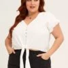 White Short Sleeve Tie Front Button Top