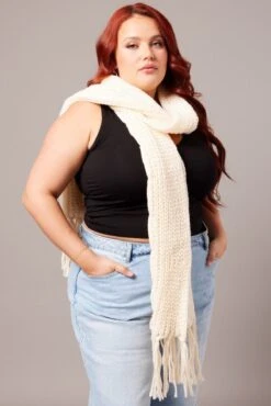 White Knit Scarf With Tassel
