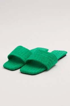 Green Square Toe Toweling Detail Slippers