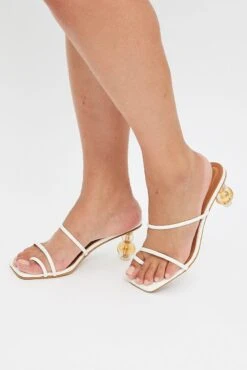 White Strappy Mid Heeled Mules