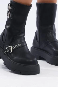 Black Buckle Detail Biker Boots