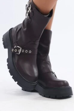 Brown Buckle Detail Biker Boots