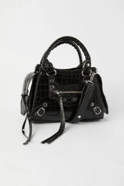 Black Croc Top Handle Crossbody Bag