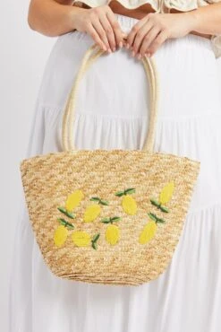 Beige Lemon Straw Tote Bag