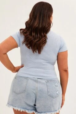 Blue Scoop Neck Short Sleeve Crop T- Shirt -You And All Fashion Store cbs1005 84j sky blue 5