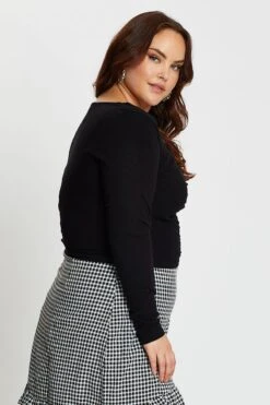 Black Top V-neck Long Sleeve Rib Ruched -You And All Fashion Store cbs1036 84jb black 4