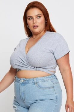 Grey Wrap Top Short Sleeve -You And All Fashion Store cbs1046 42ab grey marle 4 1