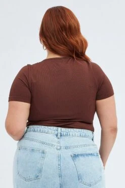 Brown Bodysuit Short Sleeve Crew Neck Seamless -You And All Fashion Store cbs1110b 84j brown 5