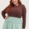 Brown T-shirt Crew Neck Long Sleeve Rib Semi Crop