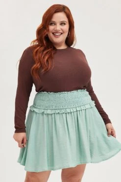 Brown T-shirt Crew Neck Long Sleeve Rib Semi Crop -You And All Fashion Store cbs1170 84j chocolate 3 2