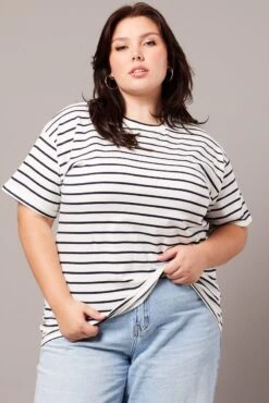 White Stripe Oversized T-shirt Short Sleeve Crew Neck