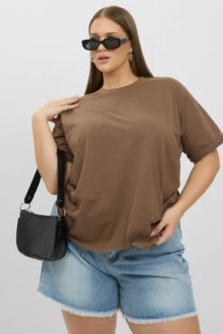 Brown Oversize T Shirt Short Sleeve Crew Neck Washed