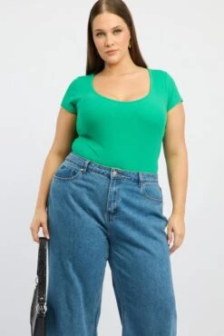 Green Bodysuit Scoop Neck Short Sleeve
