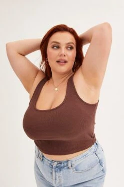 Brown Tank Top Sleeveless Round Neck