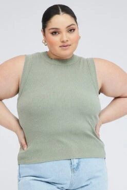 Green Tank Top Sleeveless Crew Neck