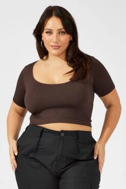 Brown T-shirt Short Sleeve Scoop Neck Seamless -You And All Fashion Store cbs1889 39j brown 3