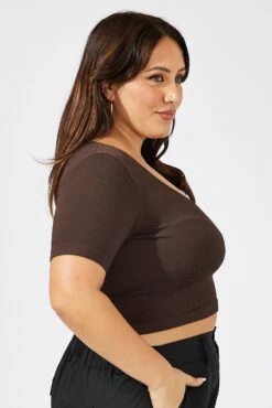 Brown T-shirt Short Sleeve Scoop Neck Seamless -You And All Fashion Store cbs1889 39j brown 4