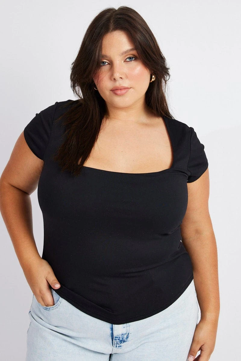 Black Top Cap Sleeve Square Neck Longline Supersoft 1 Black Top Cap Sleeve Square Neck Longline Supersoft