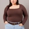 Brown Supersoft Top Long Sleeve Scoop Neck Longline