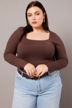 Brown Supersoft Top Long Sleeve Scoop Neck Longline -You And All Fashion Store cbs2111 84j chocolate 3