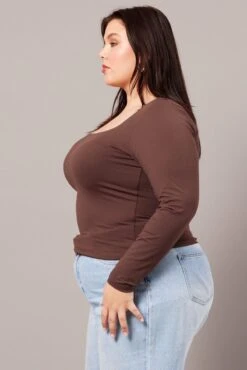 Brown Supersoft Top Long Sleeve Scoop Neck Longline -You And All Fashion Store cbs2111 84j chocolate 4