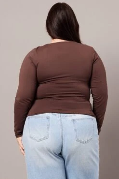 Brown Supersoft Top Long Sleeve Scoop Neck Longline -You And All Fashion Store cbs2111 84j chocolate 5