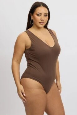 Brown Bodysuit V Neck Supersoft -You And All Fashion Store cbs2239 84j brown 5