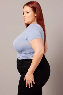 Blue T-shirt Short Sleeve Crew Neck Seamless -You And All Fashion Store cbs2270 84j dusty blue 4