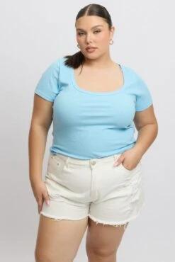 Blue Scoop Neck Short Sleeve Rib T -Shirt