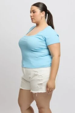 Blue Scoop Neck Short Sleeve Rib T -Shirt -You And All Fashion Store cbs2285 84j blue 4