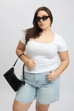 White Scoop Neck Short Sleeve Rib T -Shirt