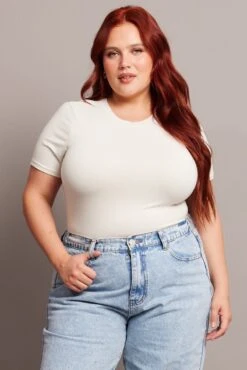 White Bodysuit Short Sleeve Crew Neck Supersoft -You And All Fashion Store cbs2314a 84j cream 3