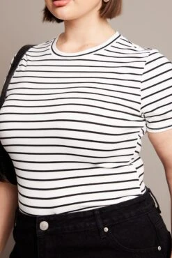 White Stripe Bodysuit Short Sleeve Crew Neck Supersoft -You And All Fashion Store cbs2314c 84j stripe 6