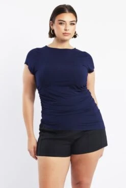 Blue Top Short Sleeve Asymmertic Hem
