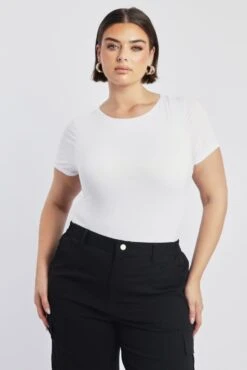 White Bodysuit Short Sleeve Crew Neck Modal