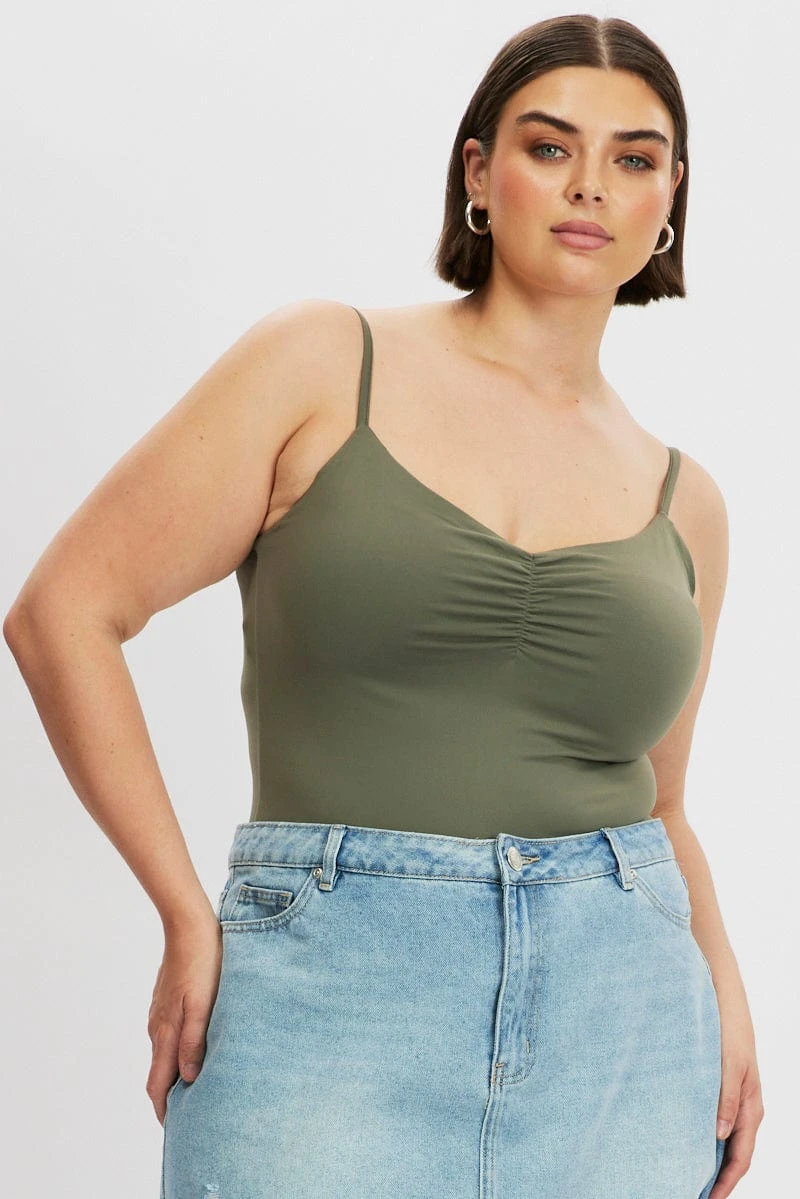 Green Bodysuit Singlet Front Ruched Supersoft 1 Green Bodysuit Singlet Front Ruched Supersoft