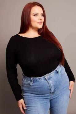 Black Top Long Sleeve Boat Neck Modal -You And All Fashion Store cbs2626 84j black 3