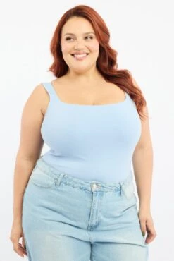 Blue Bodysuit Sleeveless Square Neck Supersoft