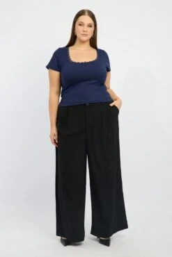 Blue T-shirt Short Sleeve Scoop Neck Lace Trim -You And All Fashion Store cbs2668a 84j navy 3