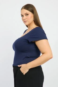 Blue T-shirt Short Sleeve Scoop Neck Lace Trim -You And All Fashion Store cbs2668a 84j navy 4