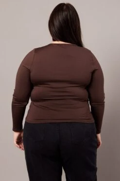 Brown Fleece Top Long Sleeve Crew Neck -You And All Fashion Store cbs2902e 84j chocolate 5