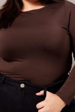 Brown Fleece Top Long Sleeve Crew Neck -You And All Fashion Store cbs2902e 84j chocolate 6