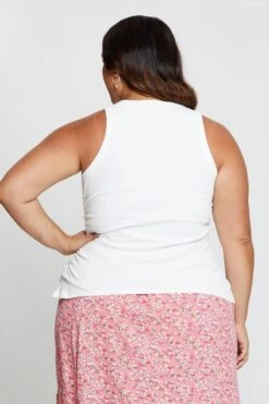 White Tank Top Crew Neck Sleeveless Ruched Side -You And All Fashion Store cbs31095 42ab white 5 1