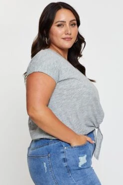 Grey Crop T-shirt Crew Neck Short Sleeve Knot Semi -You And All Fashion Store cbs31439 84ab grey 4 2