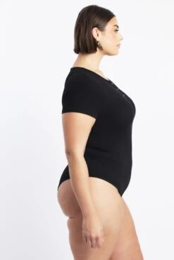 Black Bodysuit Short Sleeve Button Down -You And All Fashion Store cbs3384 84j black 4