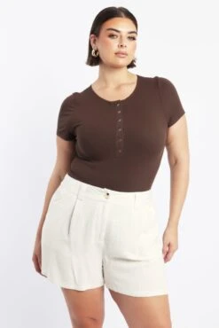 Brown Bodysuit Short Sleeve Button Down