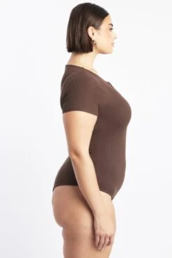 Brown Bodysuit Short Sleeve Button Down -You And All Fashion Store cbs3384 84j brown 4