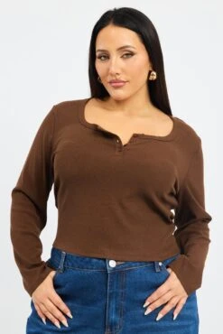 Brown Button Down Top Long Sleeve Scoop Neck
