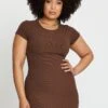Brown Short Sleeve Green Rib Basic Dress