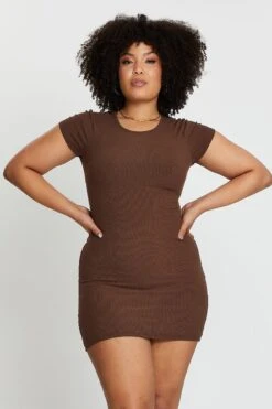 Brown Short Sleeve Green Rib Basic Dress -You And All Fashion Store cbsc16293 47ab brown 3 2 1